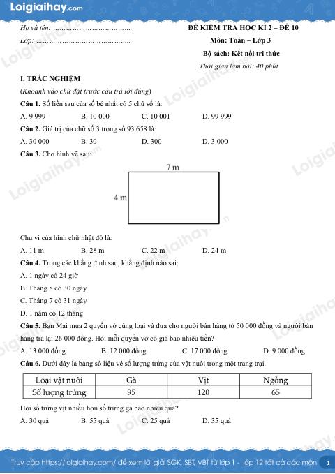 Đề kiểm tra học kì 2 Toán 3 Kết nối tri thức - Đề số 10